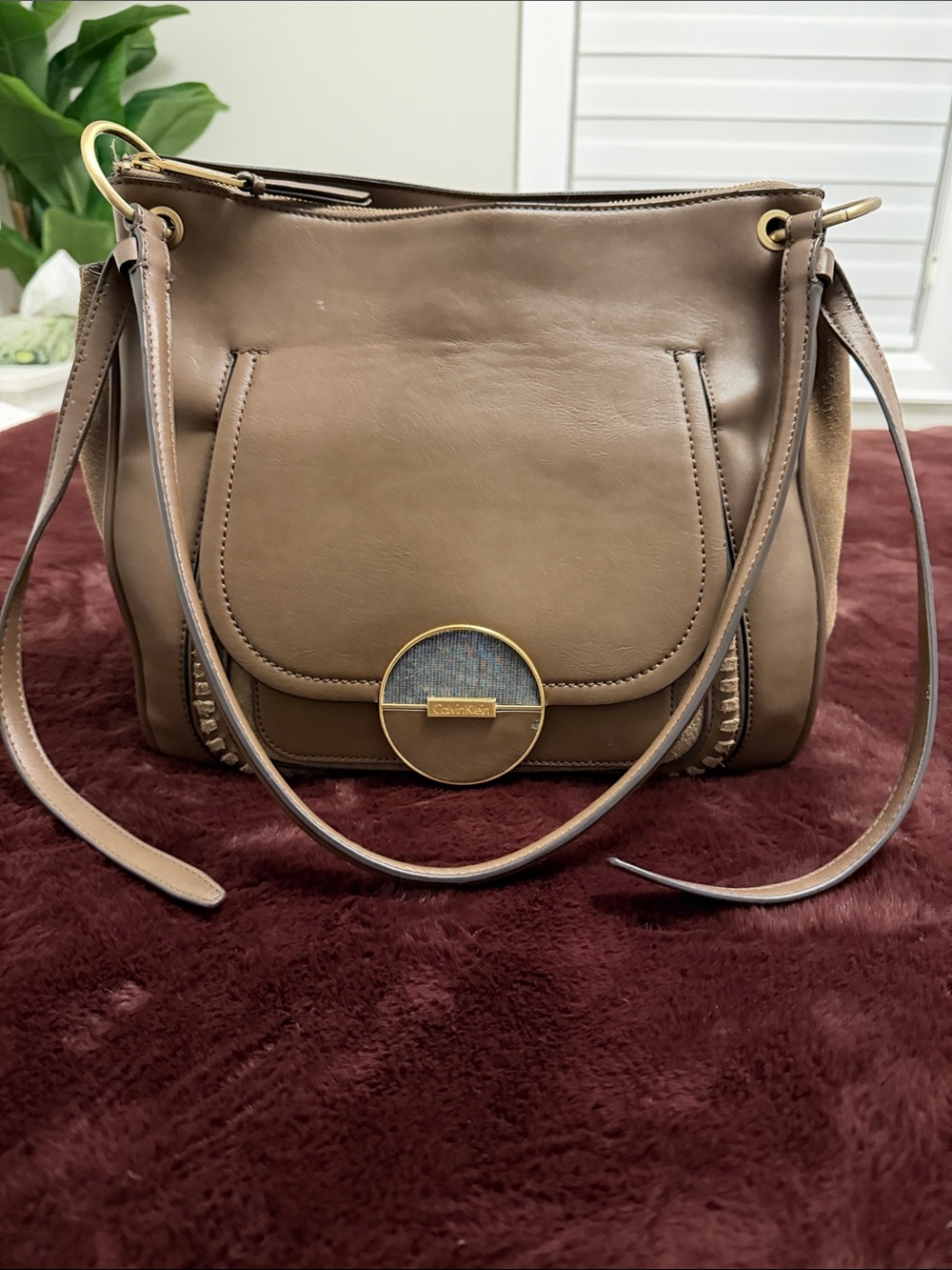 Calvin Klein Brown Leather Shoulder Bag with Gold Accent